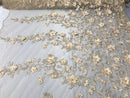 Champagne 3D Floral Design Embroider With Pearls On A Mesh Lace Dresses-Prom-Nightgown By Yard