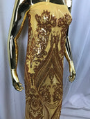 Big Damask Sequins Fabric - Gold - 4 Way Stretch Damask Sequins Design Fabric By Yard