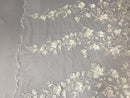 Flower 3D Fabric - Ivory - Embroided Fabric Flower Pearls and Leaf Decor Sold by The Yard
