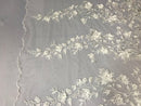 Flower 3D Fabric - Ivory - Embroided Fabric Flower Pearls and Leaf Decor Sold by The Yard