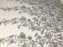 Flower 3D Fabric - Silver - Embroided Fabric Flower Pearls and Leaf Decor Sold by The Yard