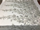 Flower 3D Fabric - Silver - Embroided Fabric Flower Pearls and Leaf Decor Sold by The Yard