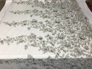 Flower 3D Fabric - Silver - Embroided Fabric Flower Pearls and Leaf Decor Sold by The Yard