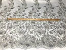 Flower 3D Fabric - Silver - Embroided Fabric Flower Pearls and Leaf Decor Sold by The Yard