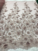 Flower 3D Fabric - Dusty Rose - Embroided Fabric Flower Pearls and Leaf Decor Sold by The Yard