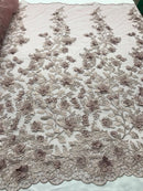 Flower 3D Fabric - Dusty Rose - Embroided Fabric Flower Pearls and Leaf Decor Sold by The Yard