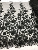 Black 3D Floral Design Embroider With Pearls On A Mesh Lace Dresses-Prom-Nightgown By Yard