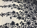 Flower 3D Fabric - Navy Blue - Embroided Fabric Flower Pearls and Leaf Decor Sold by The Yard