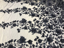 Flower 3D Fabric - Navy Blue - Embroided Fabric Flower Pearls and Leaf Decor Sold by The Yard