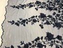 Flower 3D Fabric - Navy Blue - Embroided Fabric Flower Pearls and Leaf Decor Sold by The Yard
