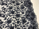 Flower 3D Fabric - Navy Blue - Embroided Fabric Flower Pearls and Leaf Decor Sold by The Yard
