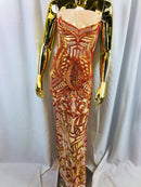 Iridescent Orange Sequins  - 4 Way Stretch Embroidered Royalty Sequins Design Fabric By Yard