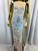 Fabric 4 Way Stretch - Iridescent Aqua Sequins - Embroidered Blush Mesh LaceFabric By The Yard