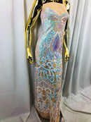 Fabric 4 Way Stretch - Iridescent Aqua Sequins - Embroidered Blush Mesh LaceFabric By The Yard