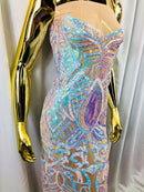 Fabric 4 Way Stretch - Iridescent Aqua Sequins - Embroidered Blush Mesh LaceFabric By The Yard