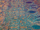Fabric 4 Way Stretch - Iridescent Aqua Sequins - Embroidered Blush Mesh LaceFabric By The Yard