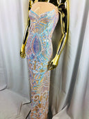 Fabric 4 Way Stretch - Iridescent Aqua Sequins - Embroidered Blush Mesh LaceFabric By The Yard