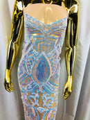 Fabric 4 Way Stretch - Iridescent Aqua Sequins - Embroidered Blush Mesh LaceFabric By The Yard