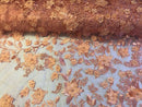 Peach 3D Floral Design Embroider With Pearls On A Mesh Lace Dresses-Prom-Nightgown By Yard