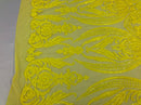 Big Damask Sequins Fabric - Yellow - 4 Way Stretch Damask Sequins Design Fabric By Yard