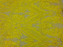 Big Damask Sequins Fabric - Yellow - 4 Way Stretch Damask Sequins Design Fabric By Yard