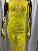 Big Damask Sequins Fabric - Yellow - 4 Way Stretch Damask Sequins Design Fabric By Yard