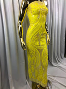 YELLOW 4 Way Stretch Mesh - Sequins Pattern Elegant Design Mesh Fabric Sold By The Yard