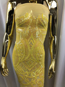 Iridescent Yellow Sequin - 4 Way Stretch Embroidered Royalty Sequins Fancy Design Fabric By Yard
