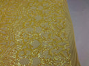 Iridescent Yellow Sequin - 4 Way Stretch Embroidered Royalty Sequins Fancy Design Fabric By Yard