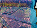 Mini Glitz Sequins - Iridescent Blue/ Pink on Nude Mesh - Mini Sequins 4 Way Stretch Mesh Fabric