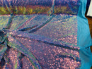 Mini Glitz Sequins - Iridescent Blue/ Pink on Nude Mesh - Mini Sequins 4 Way Stretch Mesh Fabric