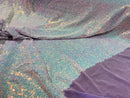 Mini Glitz Sequins -  Iridescent Unicorn on Lilac - Mini Sequins on 4 Way Stretch Lace Mesh Fabric