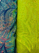 4 Way Stretch Fabric Iridescent Neon Green - Elegant Design Sequins Fashion By The Yard