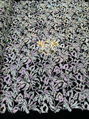 Two Tone Sequins Fabric Flip on Black Stretch Velvet 2-Way, Sequin Reversible By The Yard
