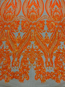 Big Damask Sequins Fabric - Orange Iridescent Nude - 4 Way Stretch Damask Sequins Design Fabric By Yard