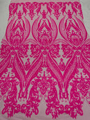 Big Damask Sequins Fabric - Hot Pink - 4 Way Stretch Damask Sequins Design Fabric By Yard