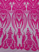 Big Damask Sequins Fabric - Hot Pink - 4 Way Stretch Damask Sequins Design Fabric By Yard