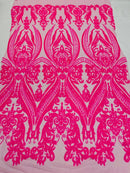 Big Damask Sequins Fabric - Hot Pink - 4 Way Stretch Damask Sequins Design Fabric By Yard
