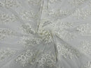 Flower Lace Fabric - Off-White - Fancy Embroidery Design With Sequins on a Mesh