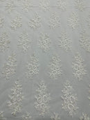 Flower Lace Fabric - Off-White - Fancy Embroidery Design With Sequins on a Mesh
