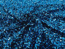 Velvet Stretch Sequins - Turquoise on Black - Sequins 2 Way Stretch Velvet Fabric 58/60”
