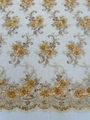 Flower Lace Fabric - Champagne - Embroidered Flower With Sequins on a Mesh Lace Fabric By Yard