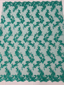 Floral Lace Fabric - Jade - Embroidered Flower Clusters with Sequins on a Mesh Lace By Yard