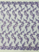 Floral Lace Fabric - Lavender - Embroidered Flower Clusters with Sequins on a Mesh Lace By Yard