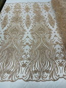 Luxury Bead Design - Rose Gold - Floral Fabric Embroidered w/ Pearls-Beads on Mesh Lace By Yard