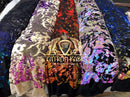 Velvet 4 Way Stretch Shiny Reversible Sequins Fabric Iridescent Raibow/Royal On Black Velvet By Yard