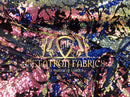 Velvet 4 Way Stretch Shiny Reversible Sequins Fabric Iridescent Raibow/Royal On Black Velvet By Yard