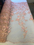 Flower 3D Fabric - Blush - Embroided Fabric Flower Pearls and Leaf Decor by Yard