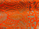 Orange Sequin Fabric - 4 Way Stretch Embroidered Royalty Sequins Design Fabric By Yard