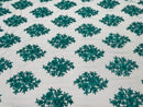 Floral Lace Fabric - Teal Green - Flower Cluster Embroidery Design With Sequins on a Mesh